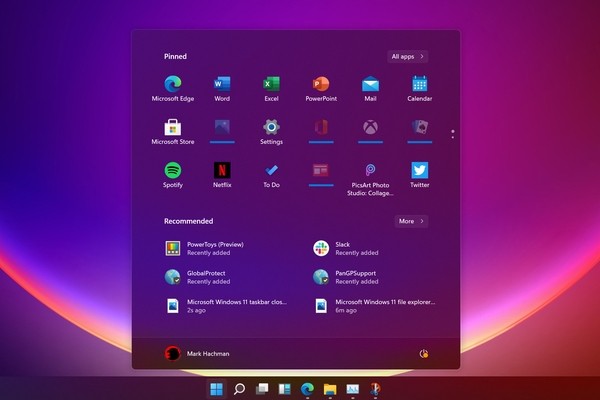 Новое меню Пуск Windows 11. Обратите внимание на едва заметные закругления углов